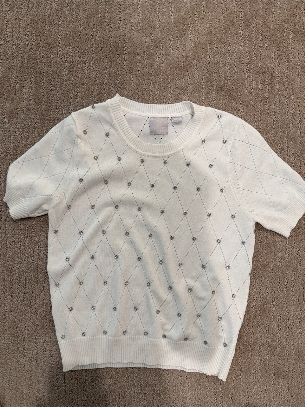 Women’s White Short-Sleeve Embellished Diamond Knit Top